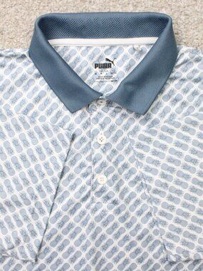 Puma AOP Polo Shirt Mens Medium Blue Pineapple All Over Print Golf Short Sleeve